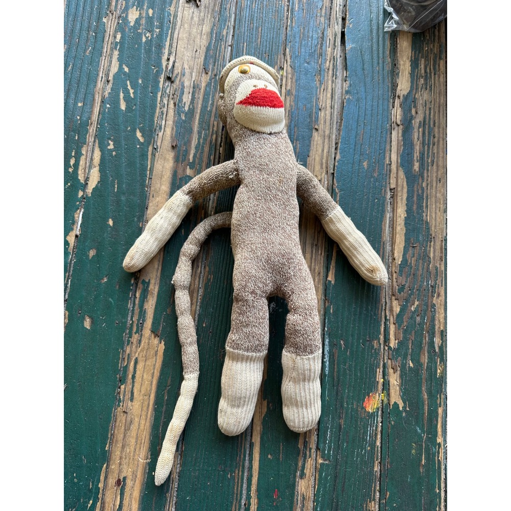 Vintage Sock Monkey Plush Toy Brown Cream Knit Red Lips 20 Inch A3981